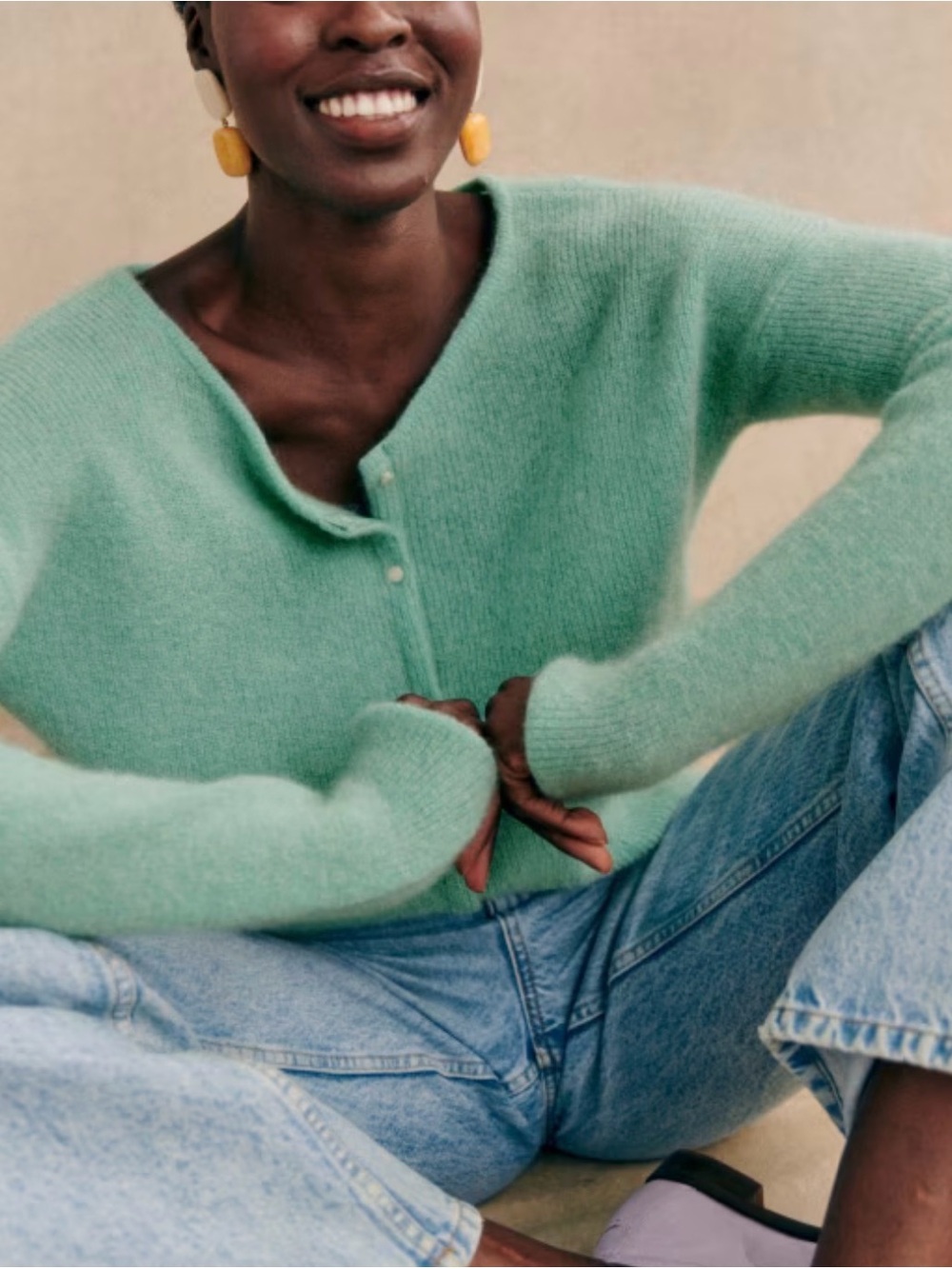 Sezane Gaspard Mint Green Fuzzy Button-Front Cardigan